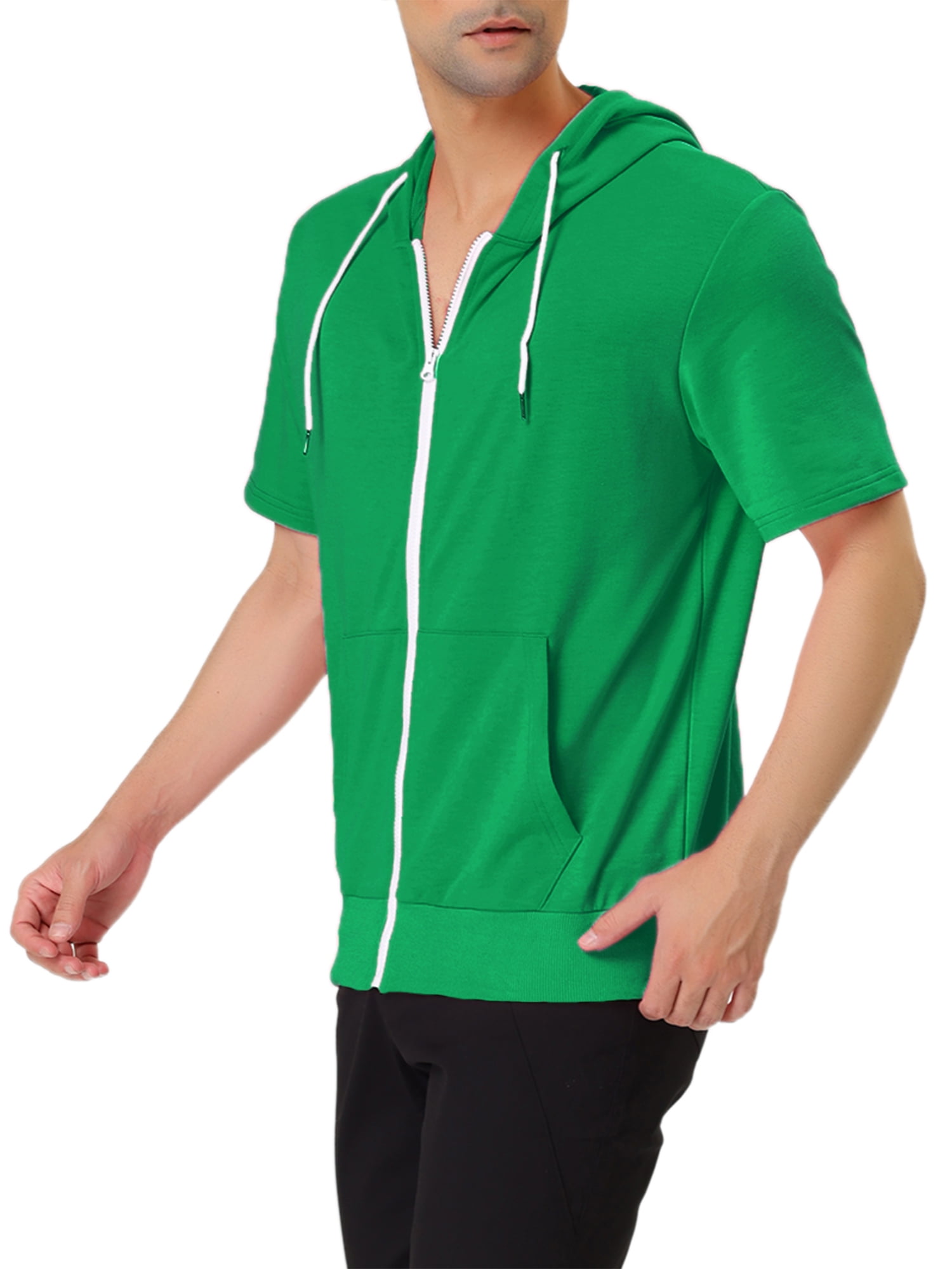 Unique Bargains Men's Short Sleeve Solid Color Zip Up Sport Hoodies M Bright Green