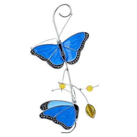 

Stained Glass Butterfly Scroll Window Pendant Hanging Ornament for Patio Fence Garden Yard Decor Blue