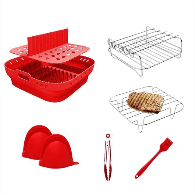 Juego de Bandeja de Cesta con Forma de Silicona para Freidora de Aire, Accesorios Cuadrados para Freidora de Aire, Molde para Freidora de Aire Reutilizable, Rojo