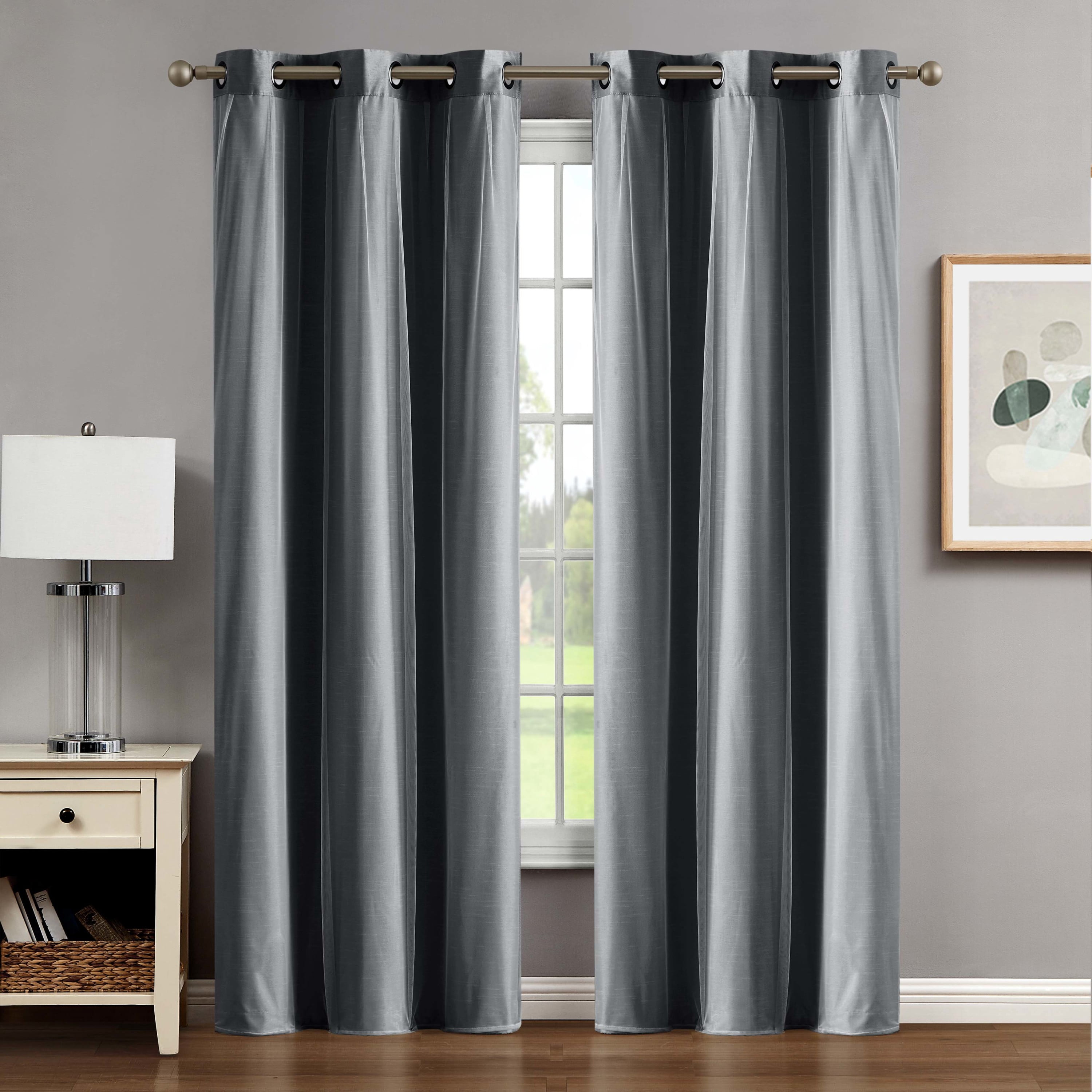 Augusta Blackout Window Curtain Panels and Tiebacks, Faux Silk with Sheer Overlay, Grommet, Charcoal Grey, 38" x 84"