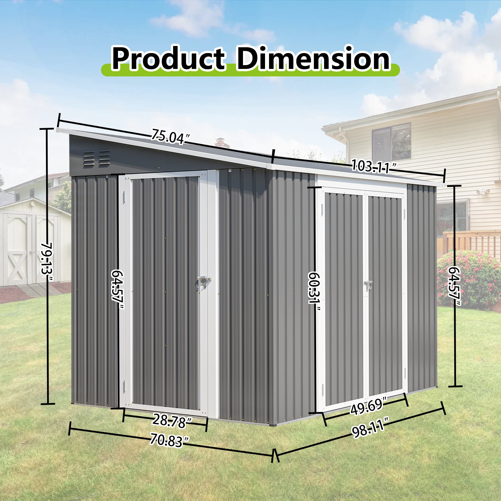 LZBEITEM 8x6 ft Outdoor Metal Storage Shed, Lean-to Design, Lockable Garden Tool Shed with Side Wall Entry Door, Gray, Galvanized Floor Frame
