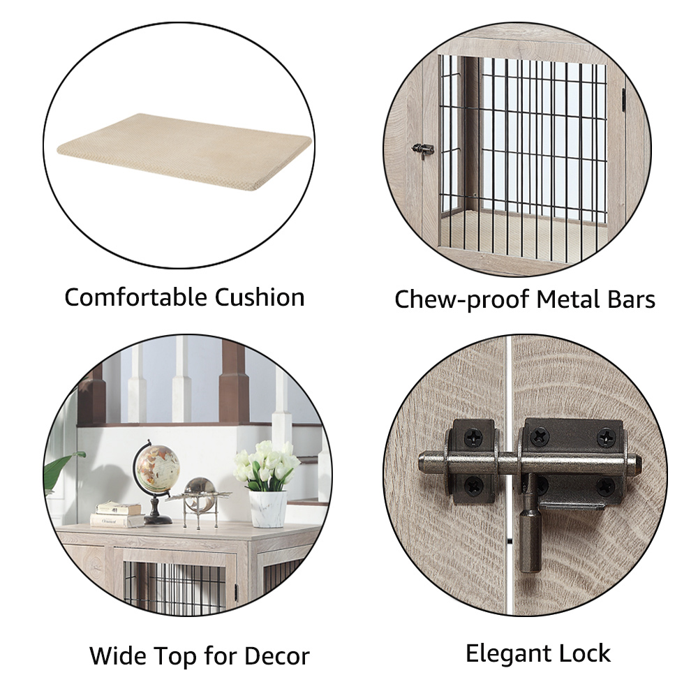Unipaws Dog Crate Furniture Style,Wooden Wire Dog Kennel with Cushion, Large