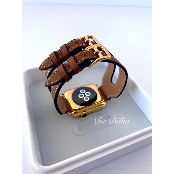 24K Gold 42MM Iwatch, Series 1 with Leather Etoupe Double Buckle Cuff