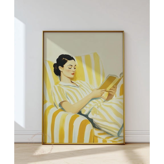 Yellow Abstract Woman Reading Print, Contemporary Book Lover Art Home Decor #2209, Unframed Poster Size 8x12