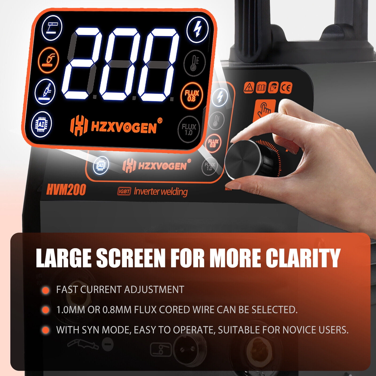 H HZXVOGEN 200A Gasless MIG Welder, 3-in-1 Flux Core/Lift TIG/MMA, 110V Portable IGBT Inverter with Digital Display, HVM200