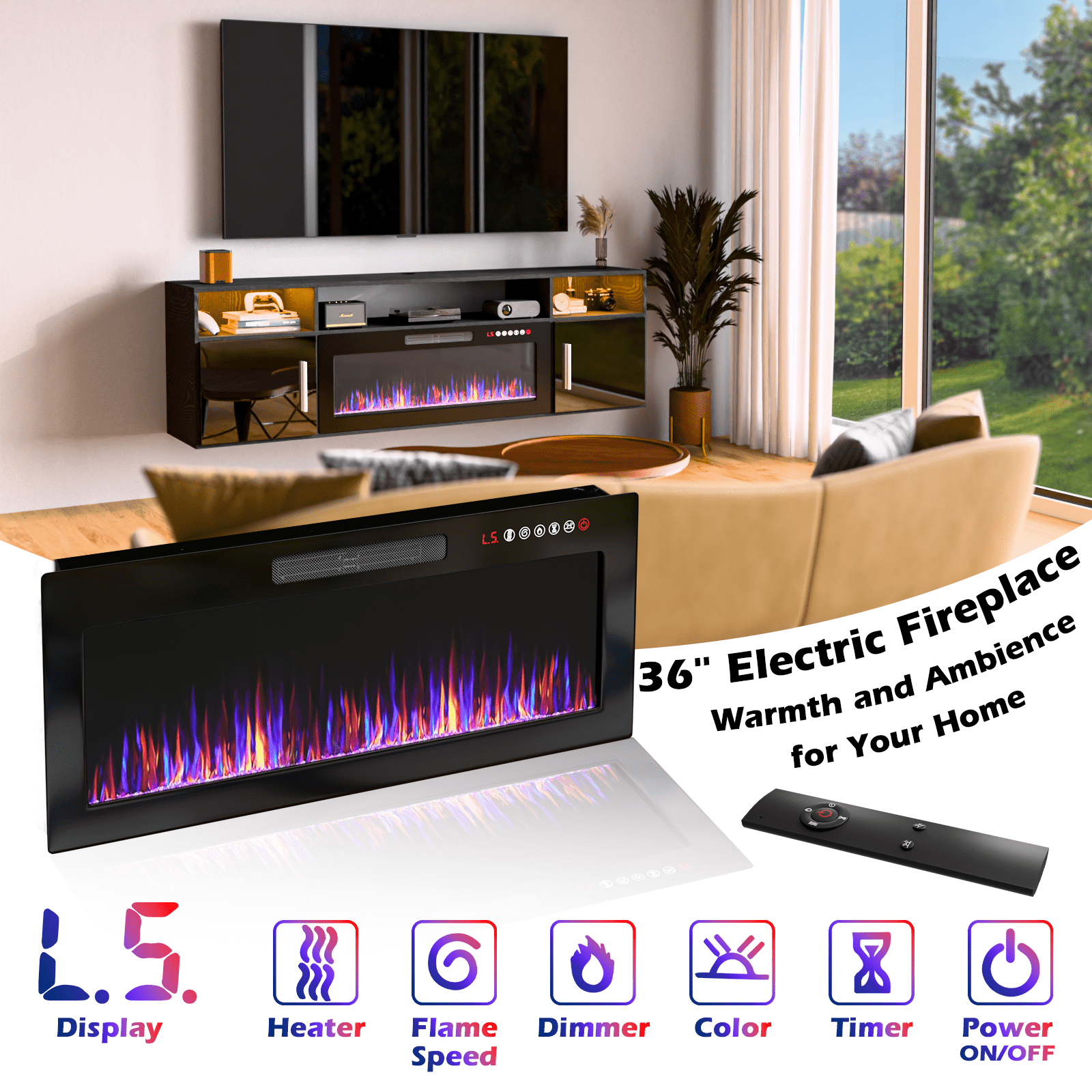 Waleaf 70'' Floating TV Stand with 36'' Electric Fireplace, Entertainment Center with Adjustable Shelves, Floating TV Console for Living Room,Black