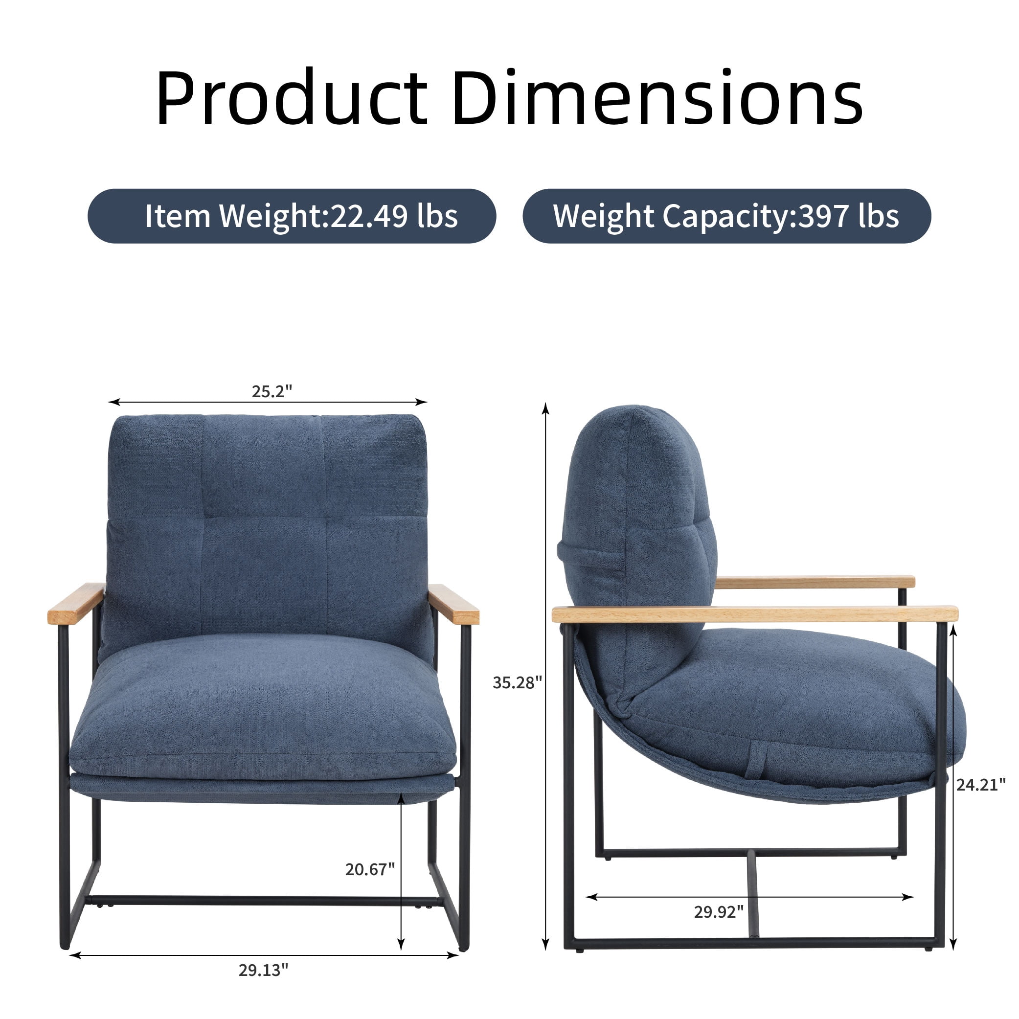 MAYEERTY Modern Accent Chair with Removable Cushion & Wood Armrests,Blue