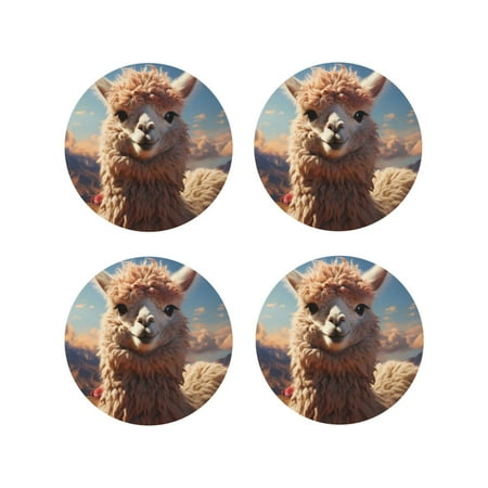 

Fuzoiu Fluffy Alpaca Mountain Meadow Print Leather Coasters Set Drink Coasters Set of 4 for Tabletop Protection Durable PVC Coasters Home Décor and Housewarming Gift-Round Shape