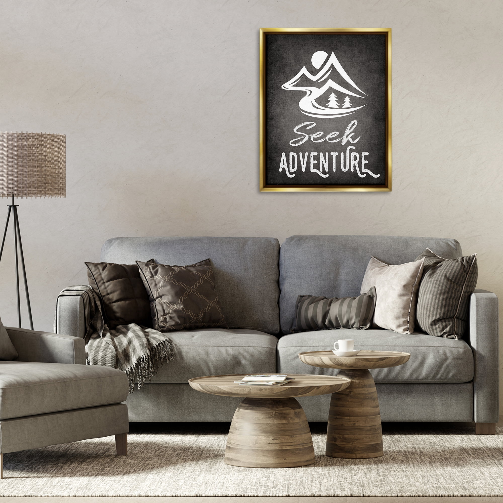 Stupell Industries Seek Adventure Phrase Typography Painting Gold Floater Framed Canvas Art Print Wall Art, 25 x 31