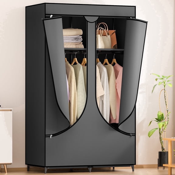 YOUPINS Clothes Organizer with Hanging Rod, Portable Closet with Cover Clothes Rack Sturdy Fabric Wardrobe Organizer,Dark Gary
