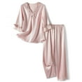 thumbnail image 3 of Delliss Women's Lace Trim V Neck Pajamas Long Sleeve Blouse And Satin Long Pant Sleepwear Set, 3 of 6