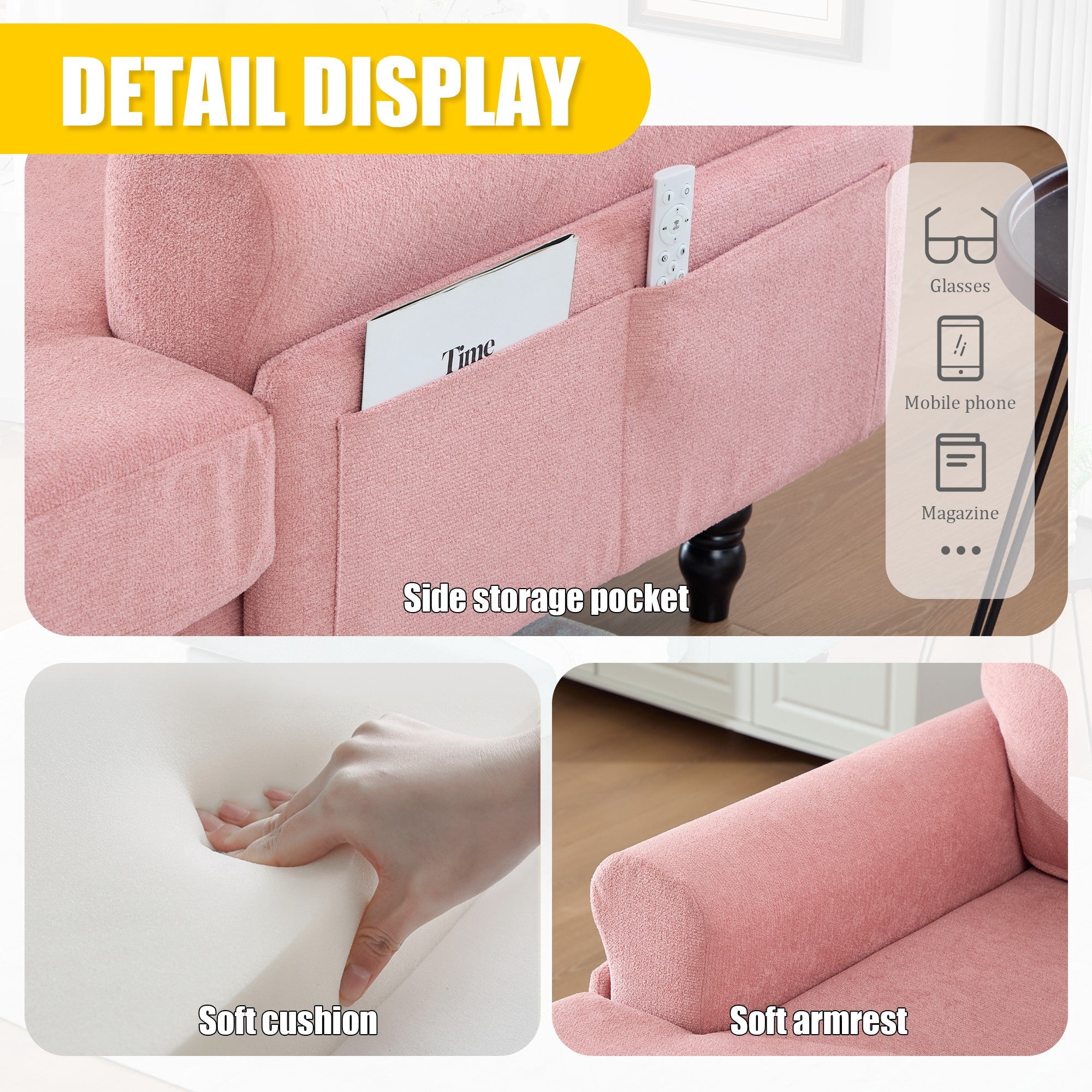 Sailvan Modern Chenille Chaise Lounge Indoor Recliner Chair Single Sofa with Storage Pocket & Solid Wood Legs Pink