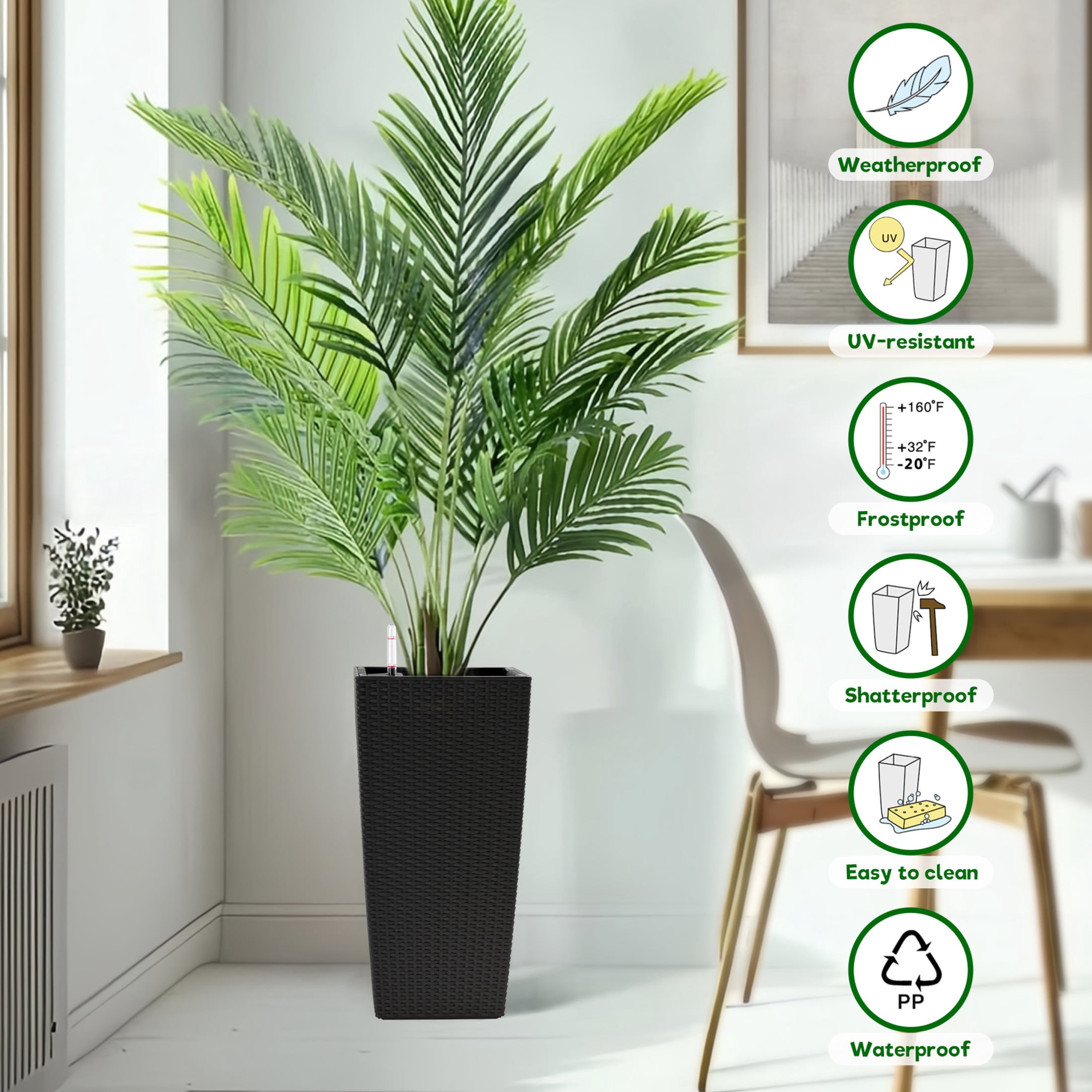 Noble House 2 Pack 22.61" Tall Square Self-Watering Planters, Faux Rattan Indoor Outdoor Flower Pots, Black