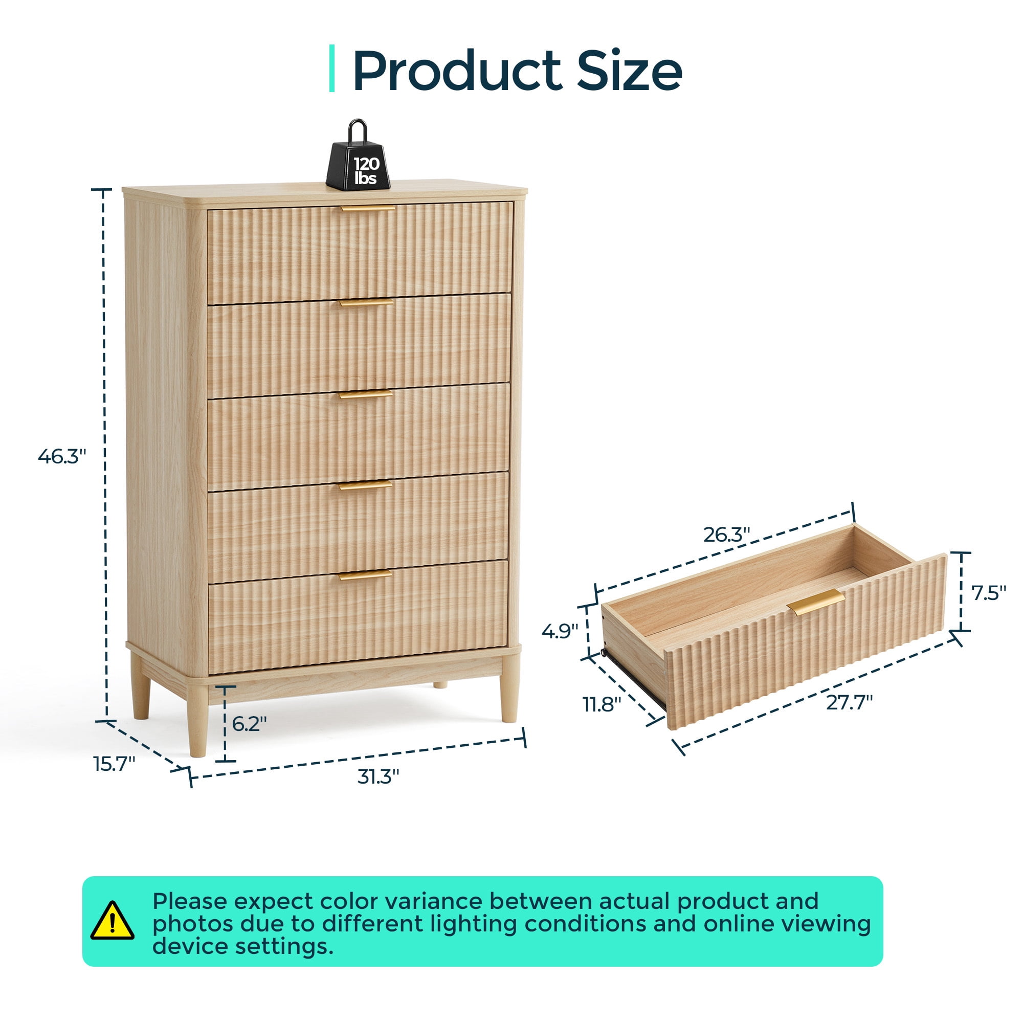 Linsy Home Fluted Tall Dressers for Bedroom, Chest of 5 Drawers, Oak