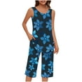 thumbnail image 1 of Pisexur Ensembles de Pyjama pour Femmes, Mode Bohème, Ensembles de Pyjamas à Fleurs pour Femmes, Ensemble de Détente 2 Pcs, Décontracté et Confortable, Col Rond, Sans Manches, Camisoles Plissées et Pantalons Longueur Genou, Tenue de Détente avec Poches, 1 of 6