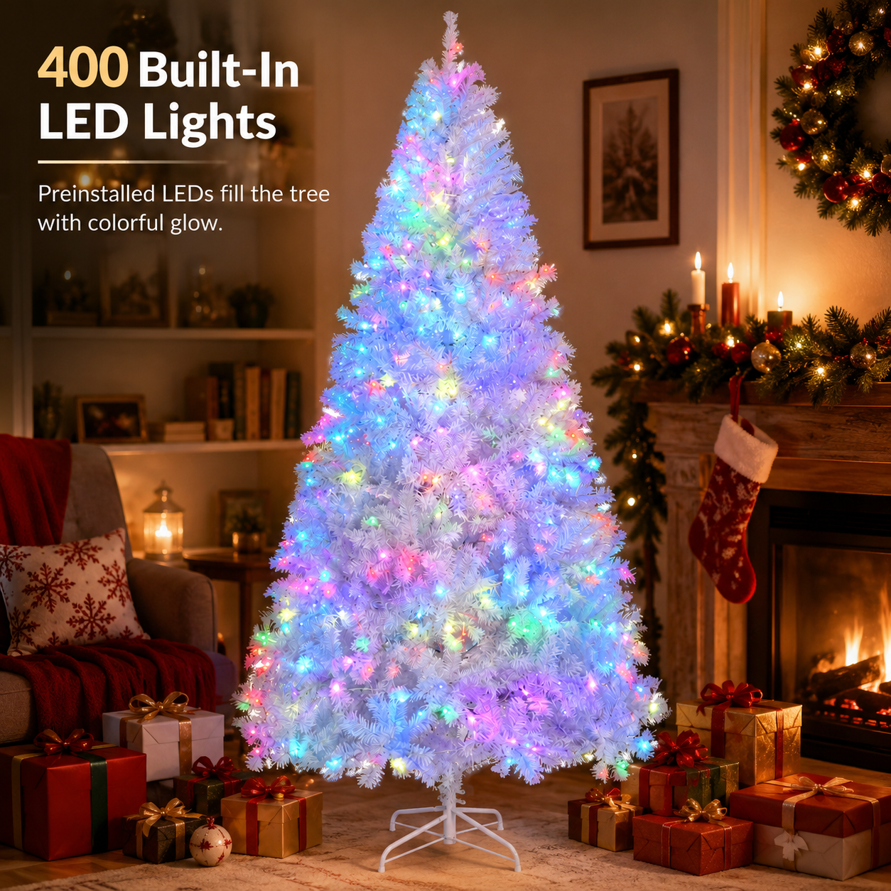 Alvantor 7 ft Pre-Lit Artificial Christmas Tree with 400 App-Controlled RGB LED Lights, Hinged Branches and 1150 PVC Tips, White