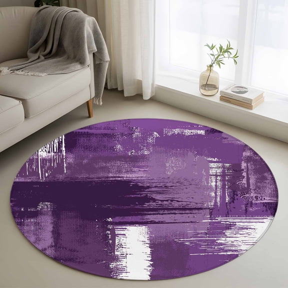Round Area Rug 3 Ft, Purple Abstract Washable Non-Slip Circle Carpet for Living Room/Bedroom, Modern Mottled Art Oil Painting Low-Profile Small Floor Mats Collection Rugs for Indoor