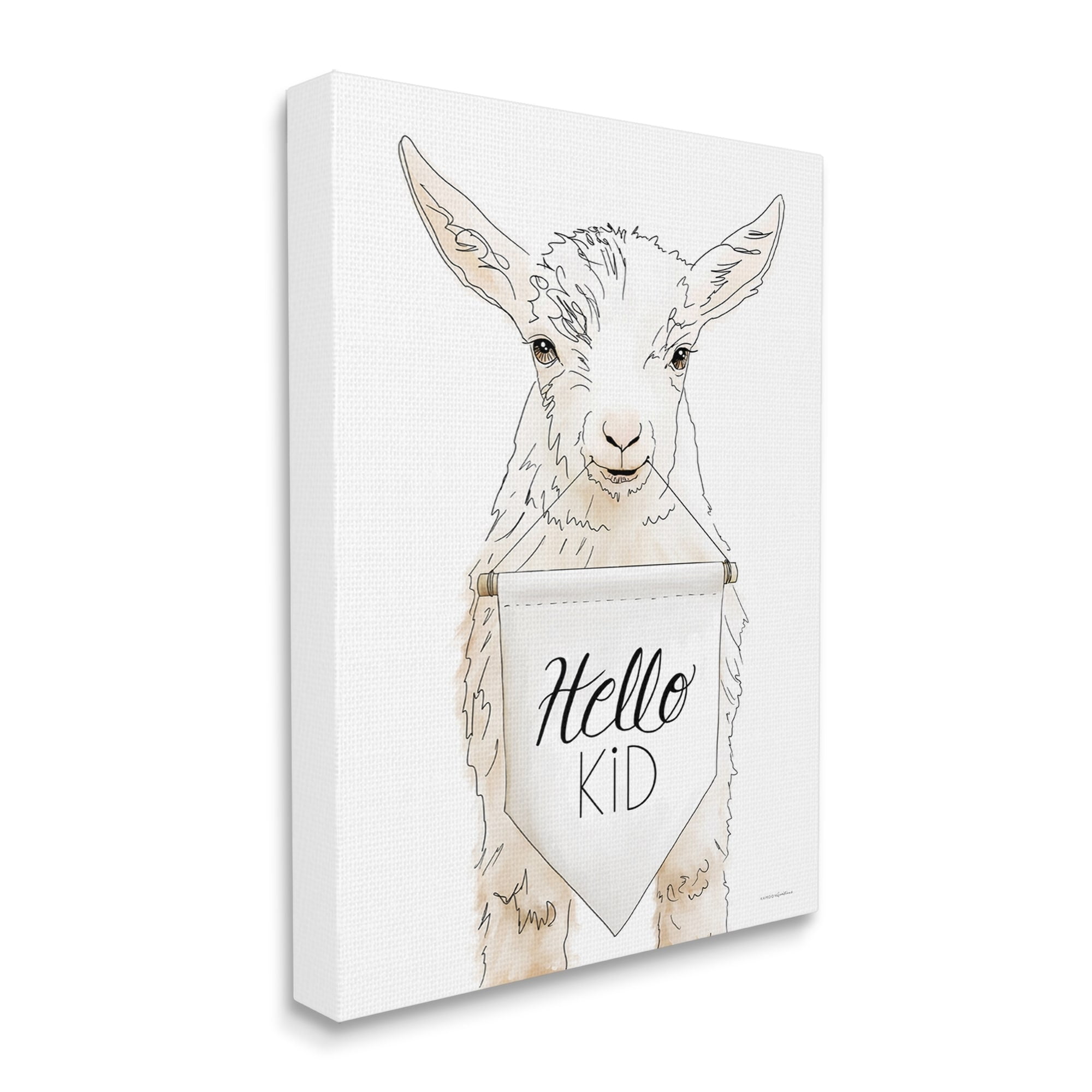 Stupell Industries Goat Holding Sign Hello Kid Text Line Drawing Canvas Wall Art, 24 x 30, Design by Kamdon Kreations