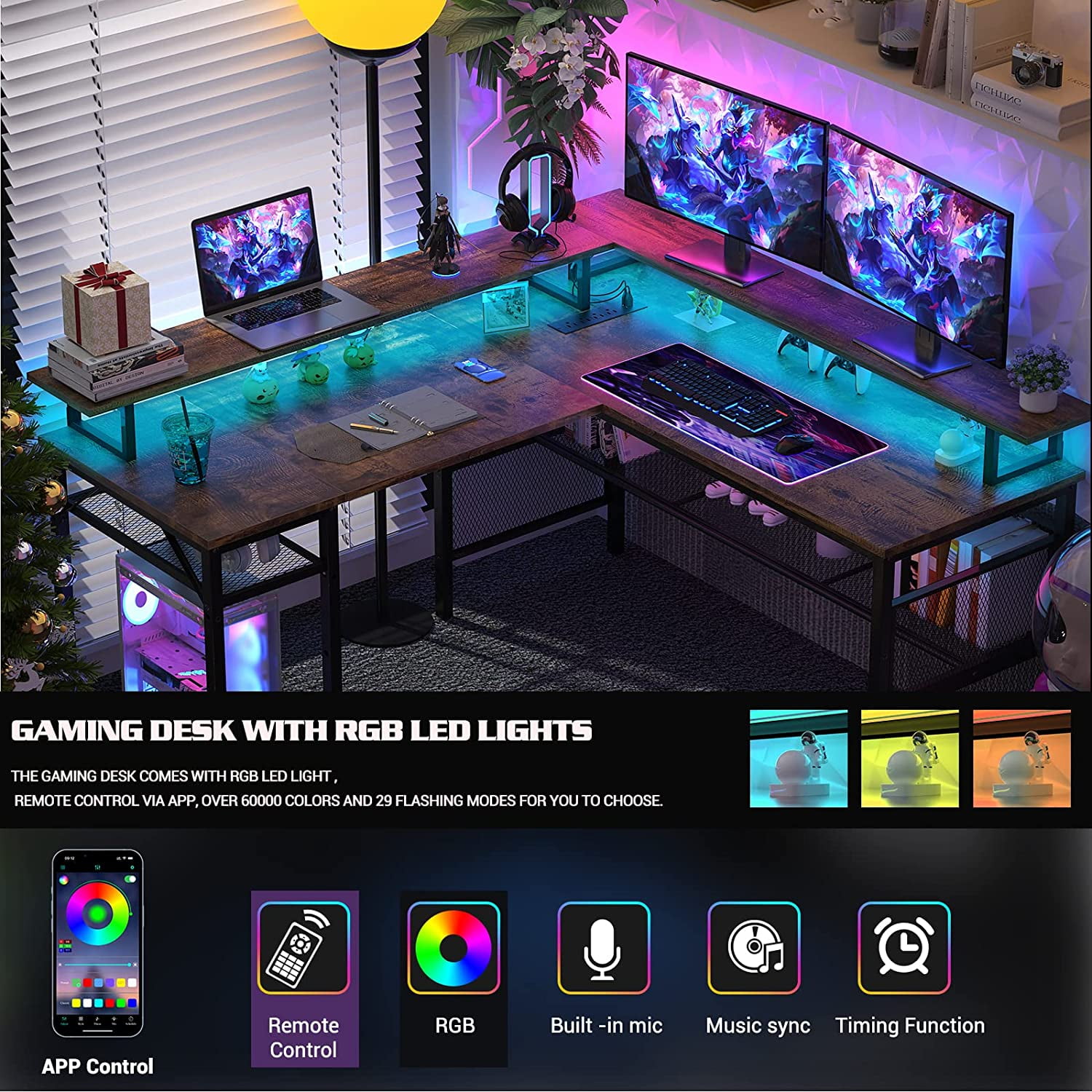 iSunirm L Shaped Computer Desk, Corner L Shaped Desk with Power Outlet and LED Light Strip, Reversible L Desk with Monitor Stand, Ergonomic 2 Person Office Desk for Home and Office, Rustic Oak