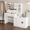 thumbnail image 4 of IVV LED Dressing Table with Charging Station, 3 Colors Lighting Modes with Adjustable Brightness, Cosmetic Dressing Table with Mirror, 5 Drawers and Storage Cabinet for Bedroom, White, 4 of 7