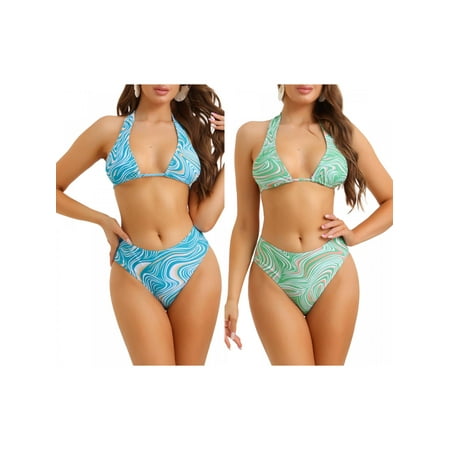 Women s Halter Lace Up Bikini Sets  Two Piece Swimsuit High Cut Triangle Thong Bottom Combination Set X-Small Green  Blue
