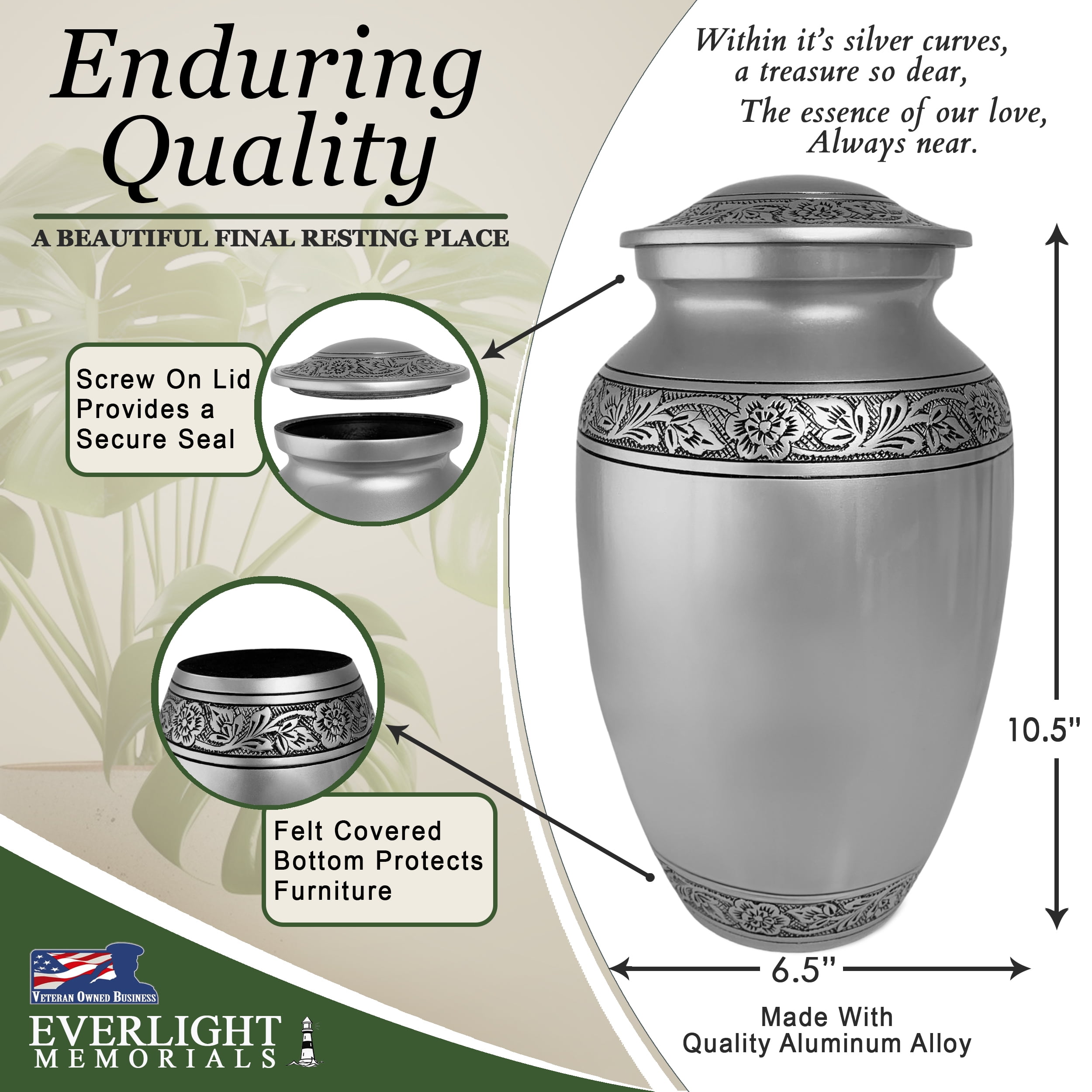 Everlight Memorials Pewter Grecian Classic Adult Large Cremation Urn for Human Ashes – With Velvet Bag