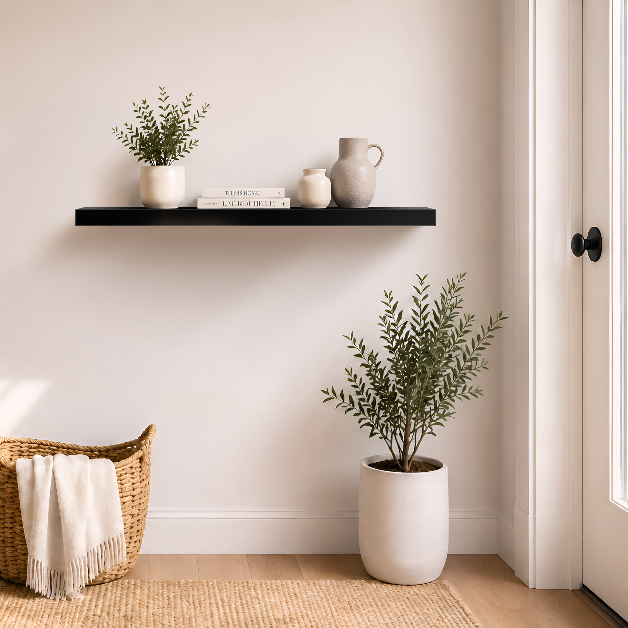 Sorbus 47" Floating Wall Shelf, Black, Invisible Brackets, Bathroom, Bedroom & Home Décor