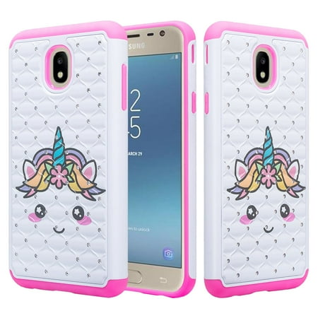 - Samsung Galaxy J7 2018, J7 V 2nd Gen, J7 Star, J7 Refine, J7 Aura, J7 Top, J7 Crown Case, Slim Crystal Rhinestone Dual Layer Protective Cover - White Unicorn