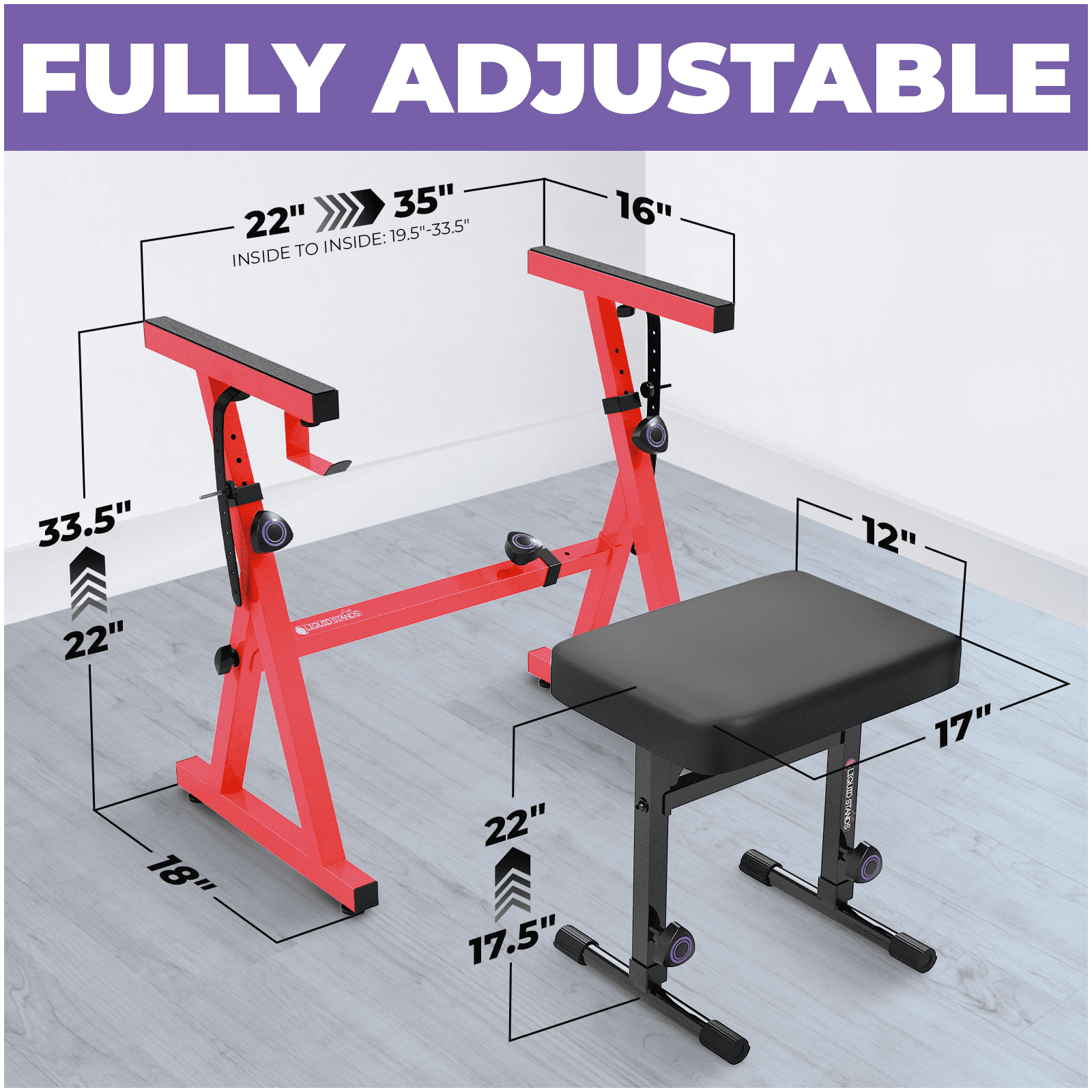 Liquid Stands Portable Heavy Duty Digital Piano Stand & Bench Set - Adjustable Keyboard Music Stand & Seat for 54-88 Key Electric Pianos (Red)
