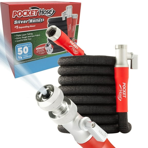 Pocket Hose Silver Bullet 2.0 Expandable Garden Hose 50-FT with Turbo Shot Nozzle, AS SEEN ON TV, Lead-Free, Solid Aluminum Connectors, Easy On/Off Valve, Kink-Free, Leak-Proof