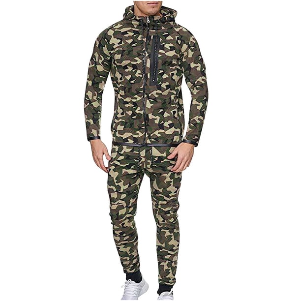 Hombres Tops Camisas Blusas Elegante Casual Camisas de manga larga Con capucha Camuflaje Cremallera Pantalones deportivos Conjunto Odeerbi ODB-5