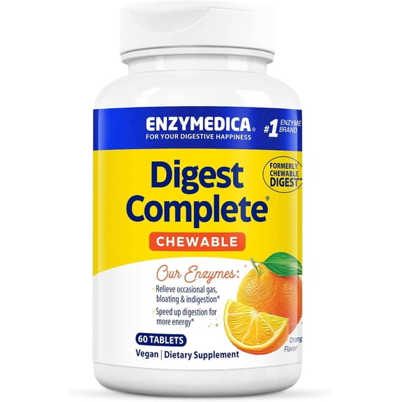 Enzymedica - Digest Chewables, Enzyme Support to Help Relieve Occasional Gas, Bloating, and Indigestion, Orange Flavor, 60 Tablets