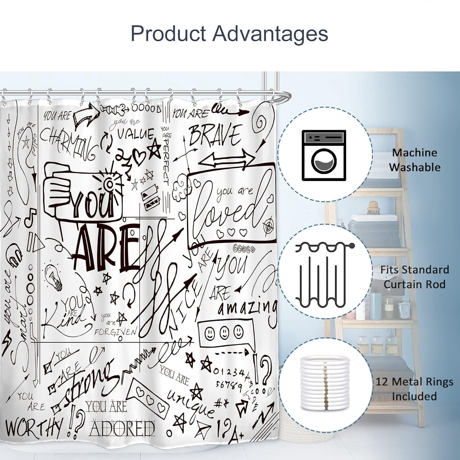 Teen Shower Curtain for Kids Funny Quotes 72Wx72L Inch Inspirational You are Graffiti Letter Positive Sayings Motivational Black White Artwork Cloth Fabric Bathroom Decor Set with 12 Pack Hooks