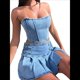 thumbnail image 2 of Conjunto de Dos Piezas de Jeans para Mujer, Top Corto Sin Mangas con Hombros Descubiertos y Falda Plisada de Mezclilla Azul XL, 2 of 9