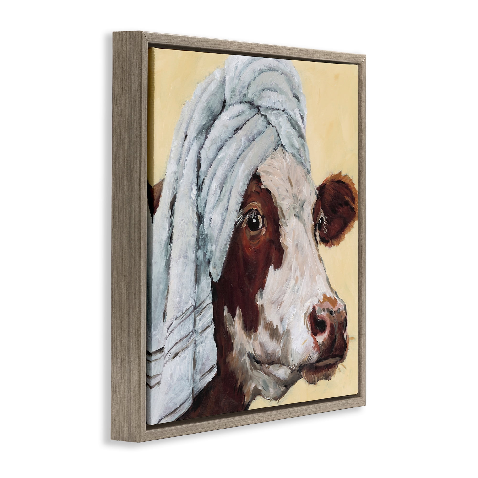 Stupell Industries Cow Spa with Towel Brown Framed Floater Canvas Wall Art, design by Studio Bautista