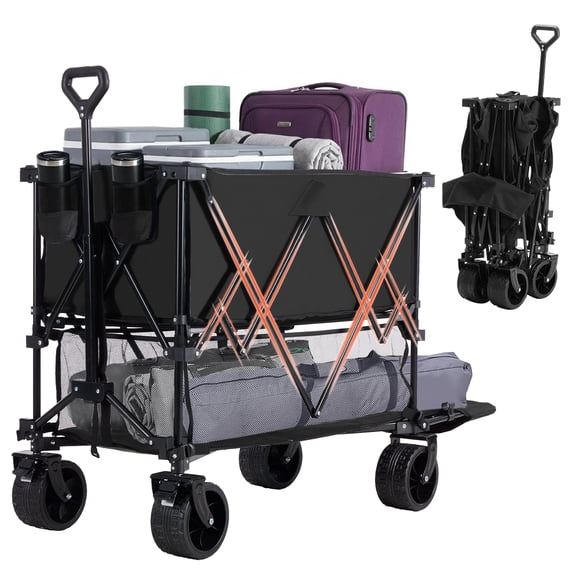 JIOABL 400L Double-Decker Folding Wagon Cart with 440lbs Capacity, 54" Extender, All-Terrain Wheels & Brakes, Black