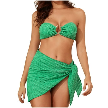 WREESH Women s 2025 Trendy 3 Piece Swimsuits Strapless Ring Bra Bikini Set with Cheeky Bottoms & Short Sarong Skirt Cover-Up Bathing Suit Green
