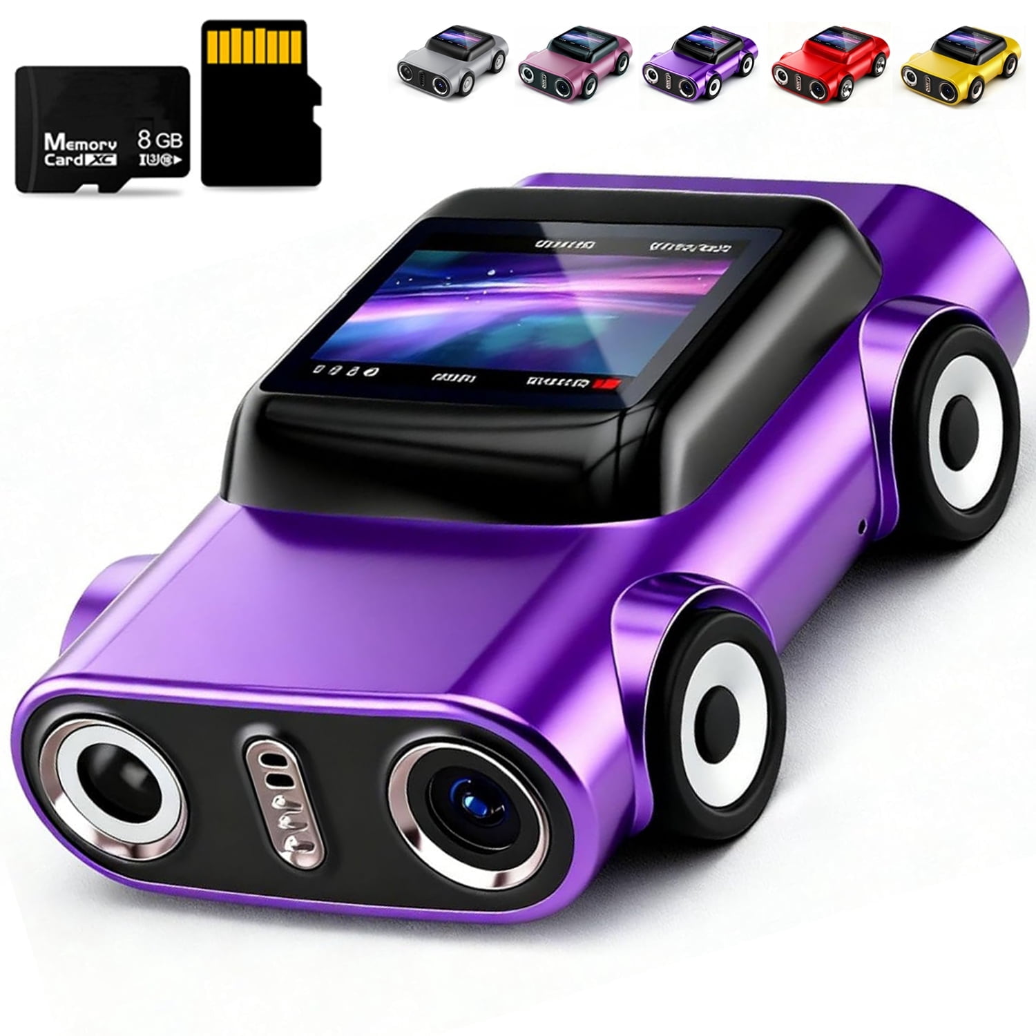 2K Car-Shaped Mini Digital Camera, 0.96-Inch LCD HD Display Tiny Camera with 8GB TF Card & LED Light, Portable Gifts for Travel,Birthday,Anniversary,Christmas Purple