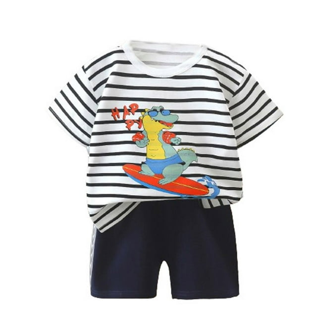 Zwiiyzr 2025 3M-6Y Ensemble de Vêtements d'Été pour Bébé Garçon Mignon Imprimé Col Rond Manches Courtes Ensemble Noir