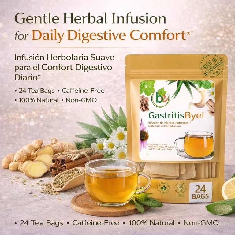 Gastritis-BYE Herbal Tea  Herbal Infusion for Digestive Comfort  24 Tea  Bags  Ginger, Chamomile, Boldo, Aloe Vera, Mint, Arnica & Cuachalalate   ...