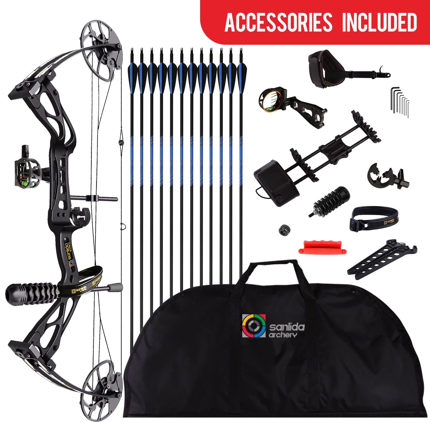 Sanlida DragonX8 RTH Compound Bow Package, Black, Adjustable 18”-31” Draw Length, 0-70lbs Draw Weight, 310 FPS
