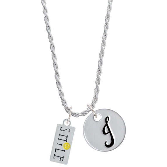 Delight Jewelry Silvertone Smile with Smiley Face Rectangle Silvertone Script Initial Disc - J - Charm Necklace, 20"+3"