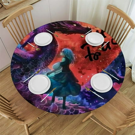 

BCIIG Dragon Heart Girl Round Table Cover Stain Resistant Washable Indoor Outdoor Tablecloth Kitchen Dining Wedding Parties Elastic Edge 100% Polyester Fiber 31 -35