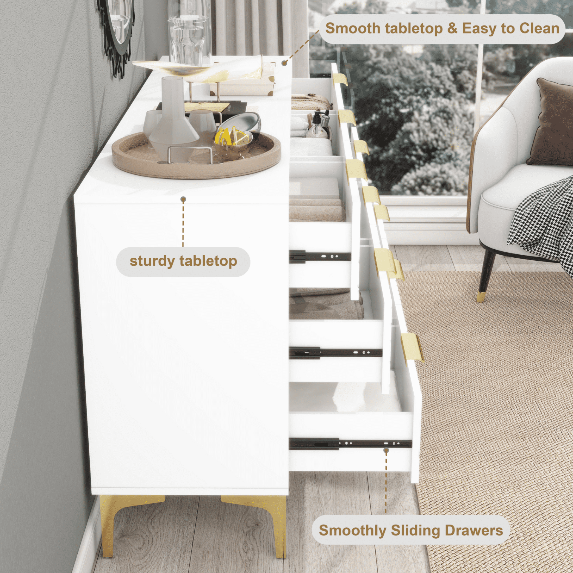 Modern 9 Drawer Dresser 62.9 Inch Wide Chest of Drawers with Elegant Scroll Pattern for Bedroom Living Room or Hallway White