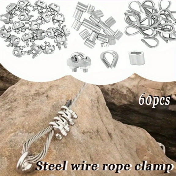 Stainless Steel Wire Rope Fitting Kit - 60 pcs M3 Clips, Thimbles & Crimping Loops for 1/8" Cable
