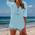 thumbnail image 2 of YWIYIUD Women Cotton Linen Lightweight Hooded Shirt Drawstring Button Down Blouses for Women Dressy Casual Short Sleeve V Neck Cardigan Summer Clothes Oversize Casual Blouses, 2 of 8