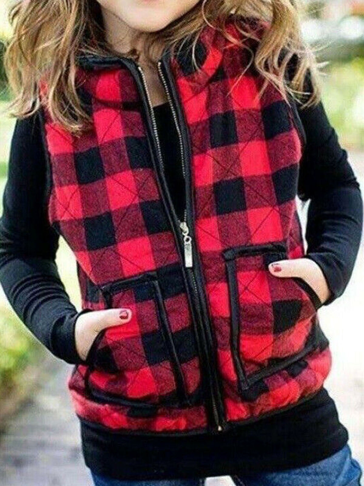 Girls Buffalo Cotton Plaid Quilted Vest Cute Puff Lined Gilet 