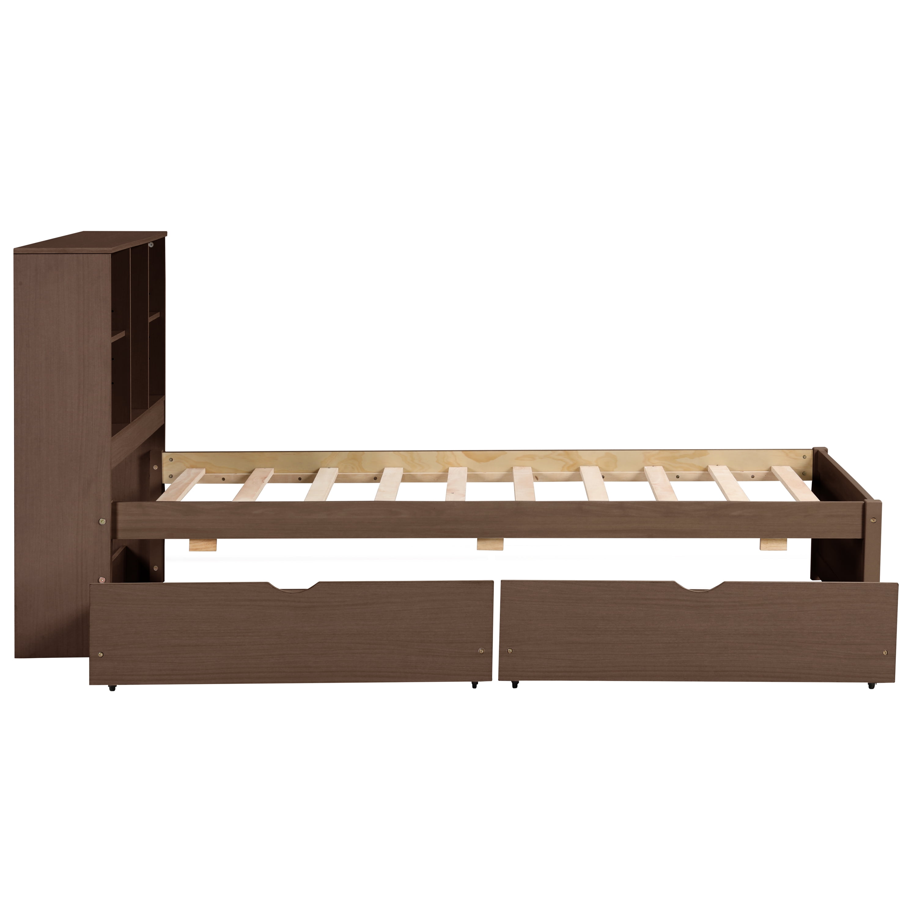 Miniyam Twin Size Bed with Built-in USB Port, Bookcase, Drawers for Kids and Teens, Walnut