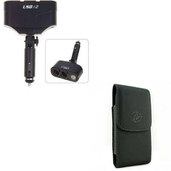 Black Vertical Leather Phone Case w Car Charger Lighter Socket Splitter 2-Port Adapter Z6V Compatible With Google Pixel 3a XL