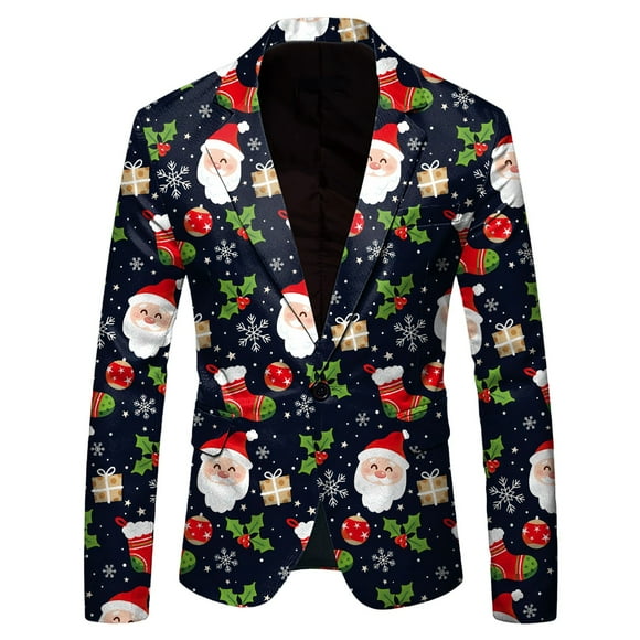 Costumes pour Hommes de Noël Flocon de Neige Père Noël Grande Taille pour Hommes Imprimé Poche Revers Bouton Costume d'Été pour Hommes Costume